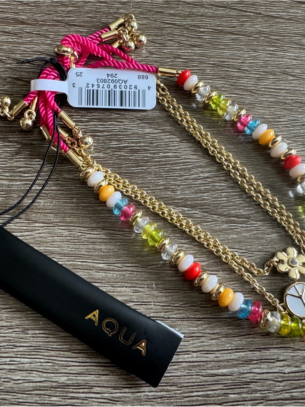 Aqua Charm & Bead Cord Slider Bracelets in 14K Gold Plated, Set of 3